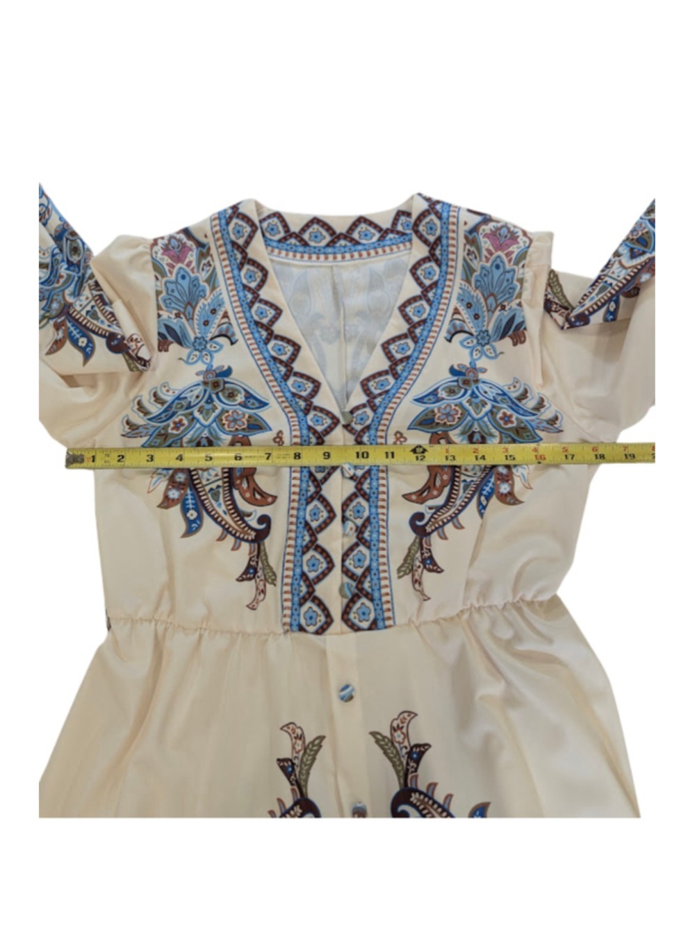 Paisley Belted Fit & Flare Dress Blue Ivory Boho Long Sleeve Size M - Picture 10 of 12